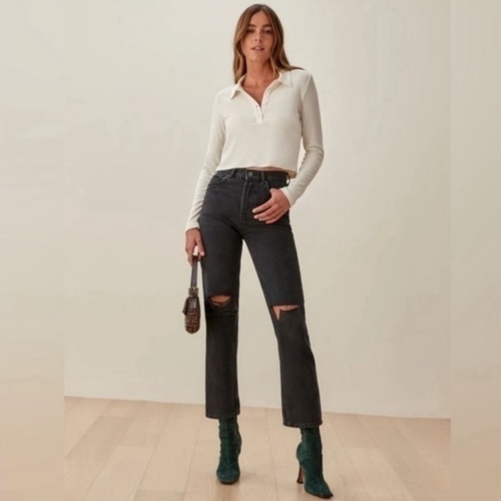 NWT Reformation Cynthia Straight Leg Jeans Lagoon Destroyed Size 23